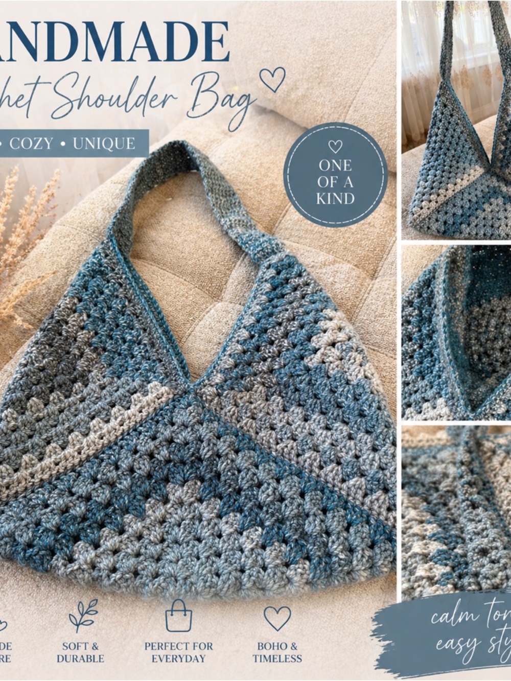Handmade Crochet Shoulder Bag in Blue and Gray